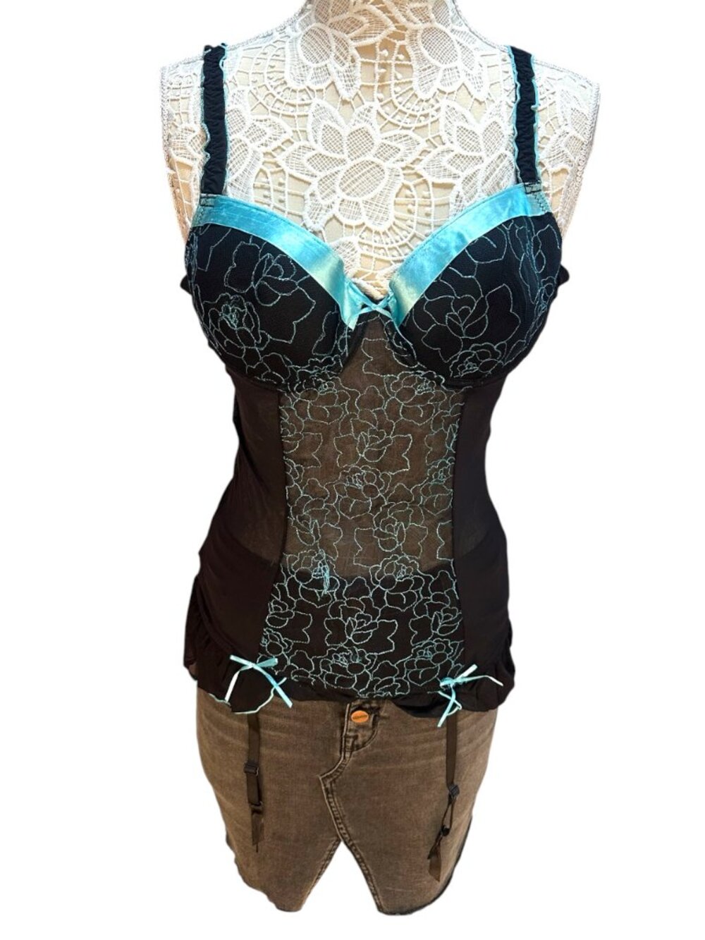 Vintage Undercover Wear Black & Turquoise Floral Corset Top